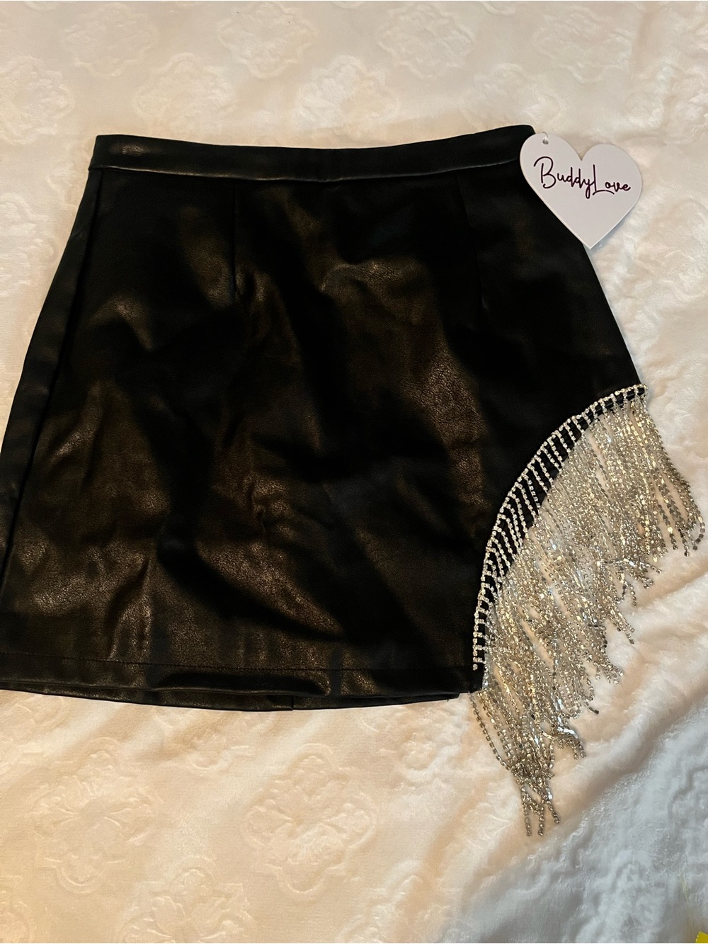 Buddy Love Black Faux Leather Mini Skirt with Silver Beaded Fringe Accent